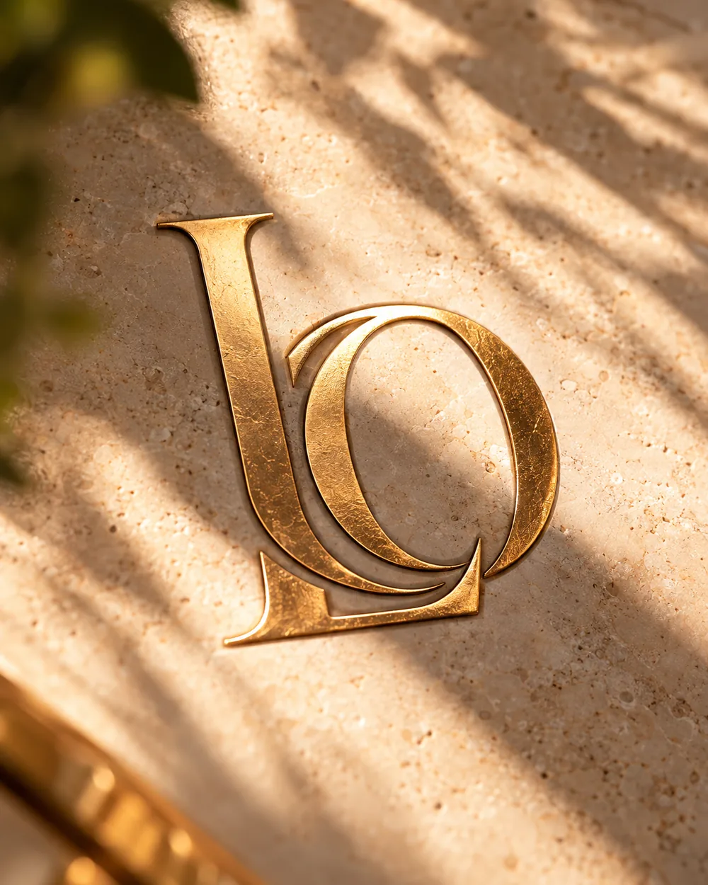 Le monogramme doré de L'Officiel de l'Or sur une pierre claire